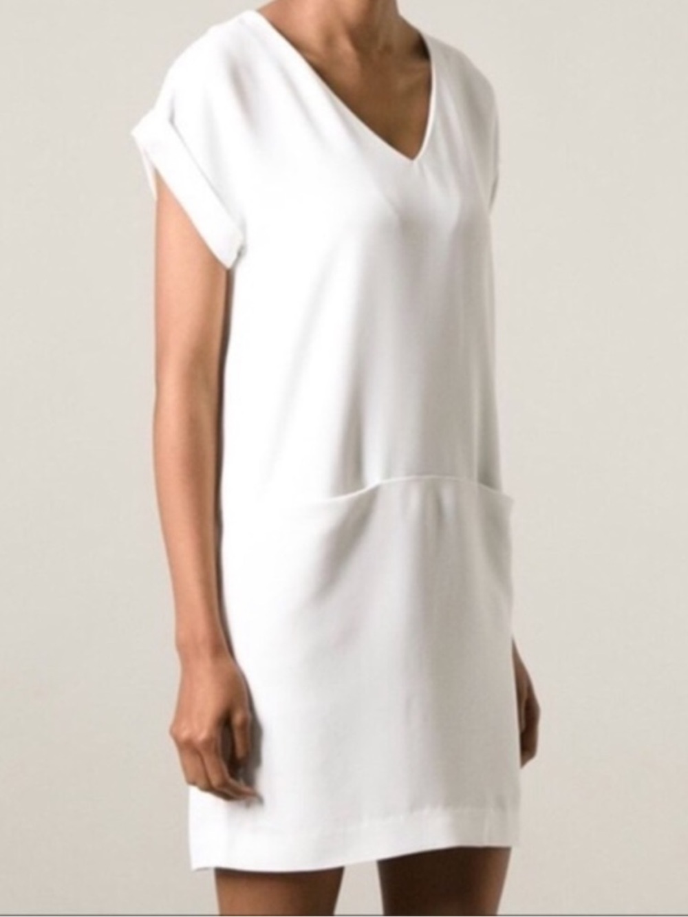 Vince Shift V-Neck White Dress‎ with Front Pockets Rolled Sleeves Women’s Medium